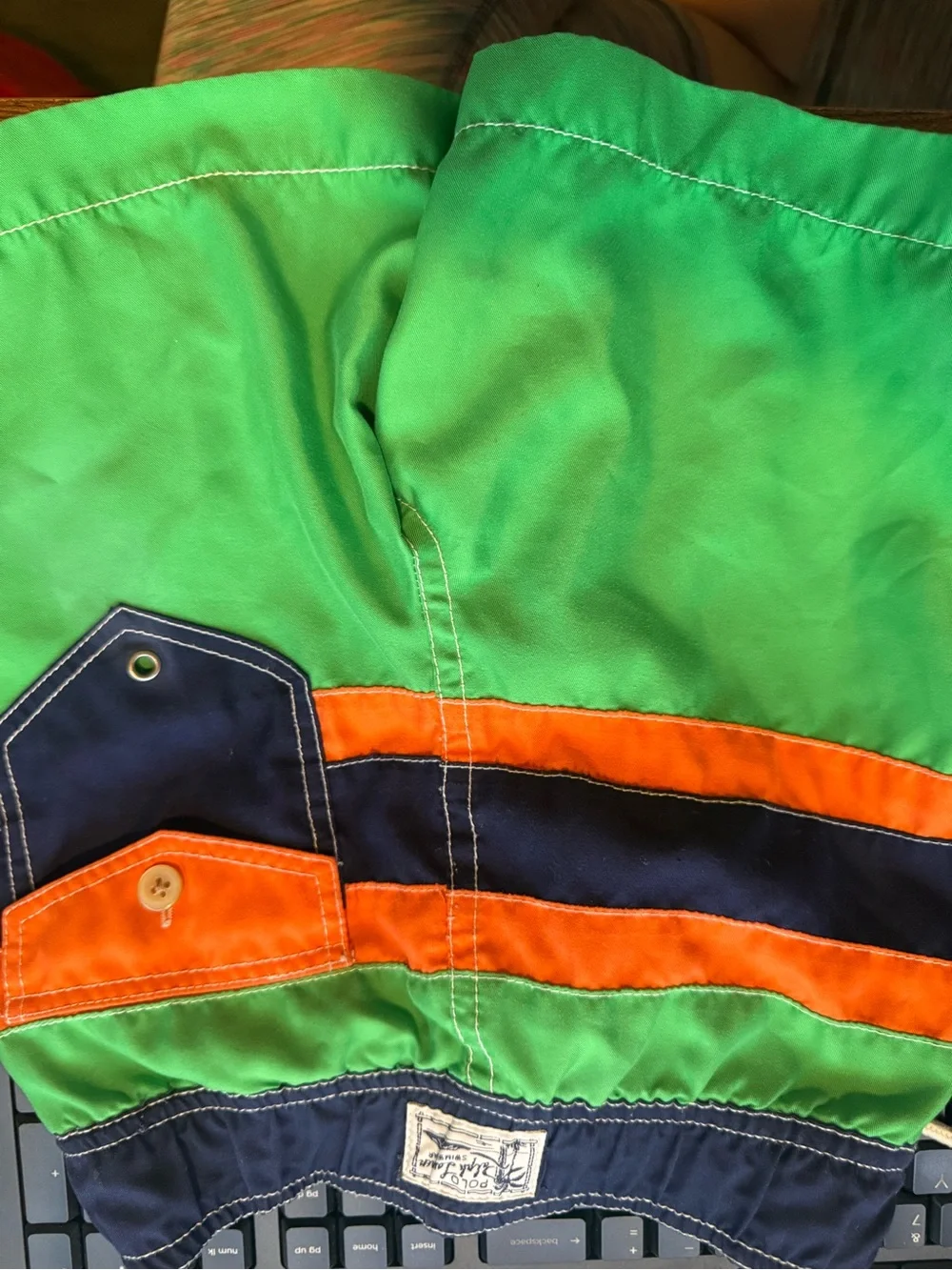 Polo by Ralph Lauren Green, Navy & Orange Striped Swim Shorts with Pony